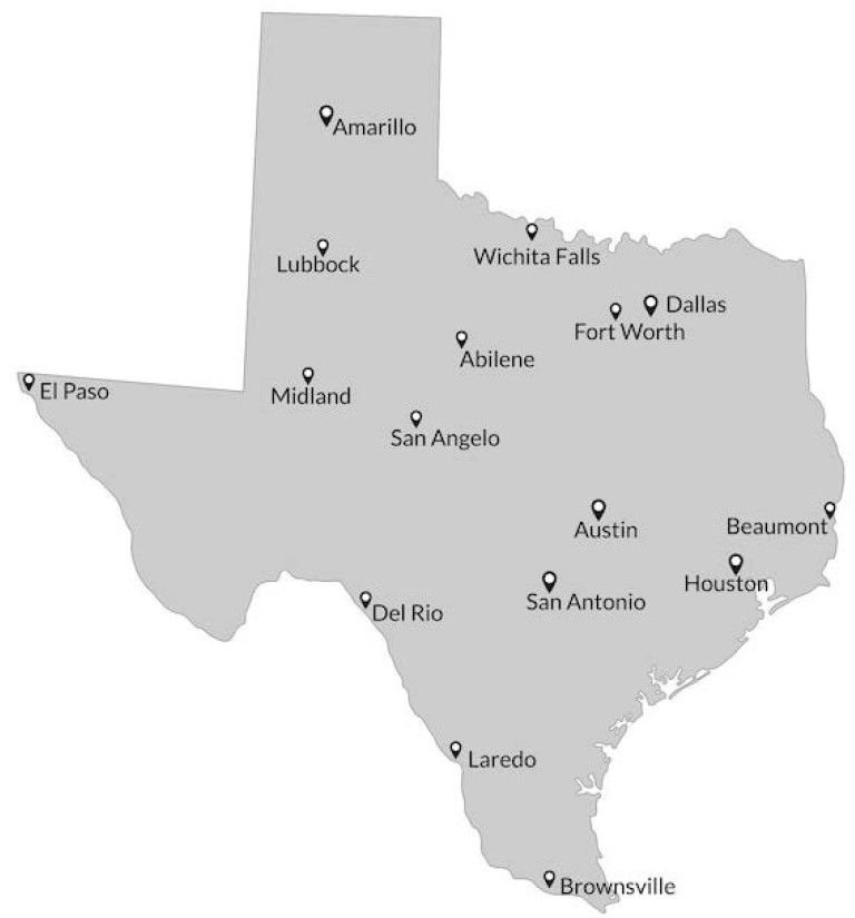 Map of Texas showing markets served by Rio Mar distribution routes