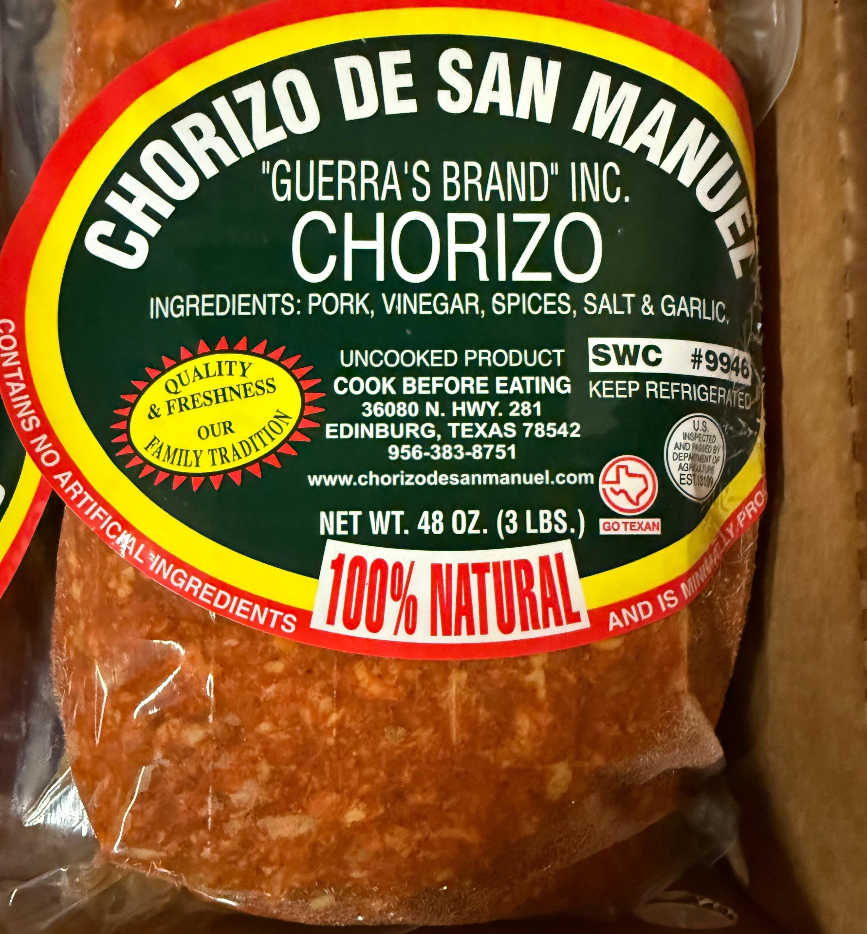 Chorizo de San Manuel – Guerra's Brand (48 oz / 3 lb)
